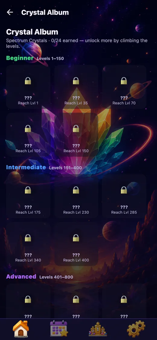 The Crystal Album screen, showing locked Spectrum Crystals grouped by difficulty tier